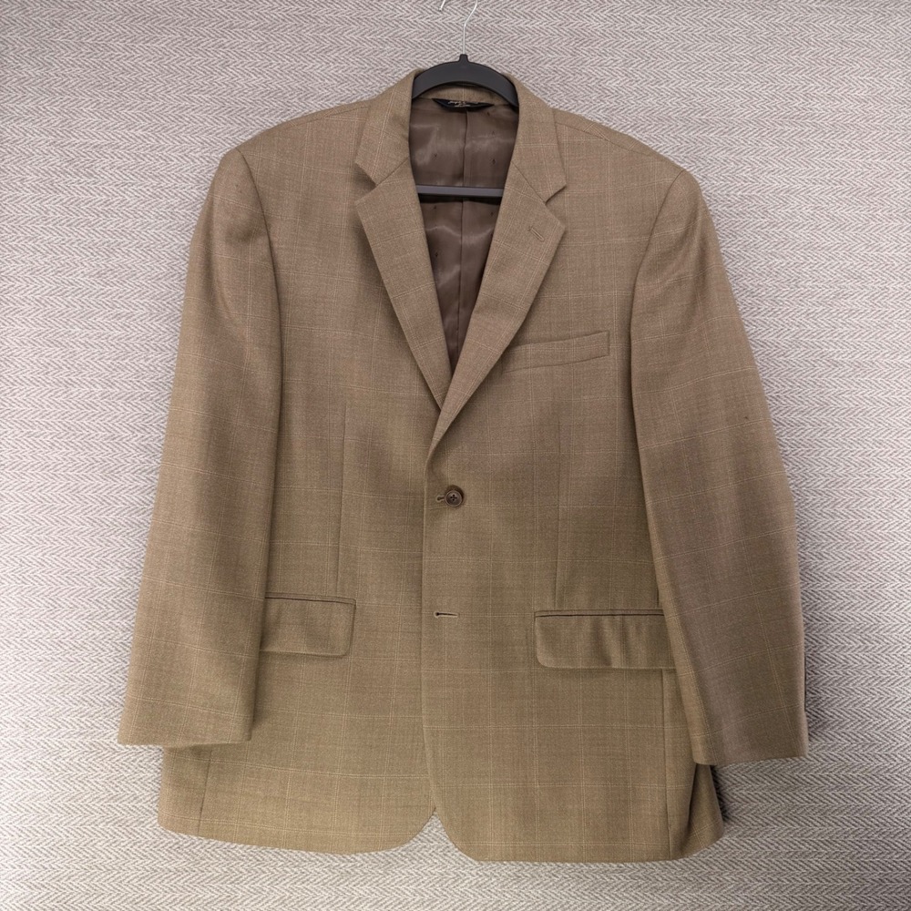 Joseph & Feiss Gold Sport Coat 42 Short Tan 100% Wool Windowpane Blazer Men's